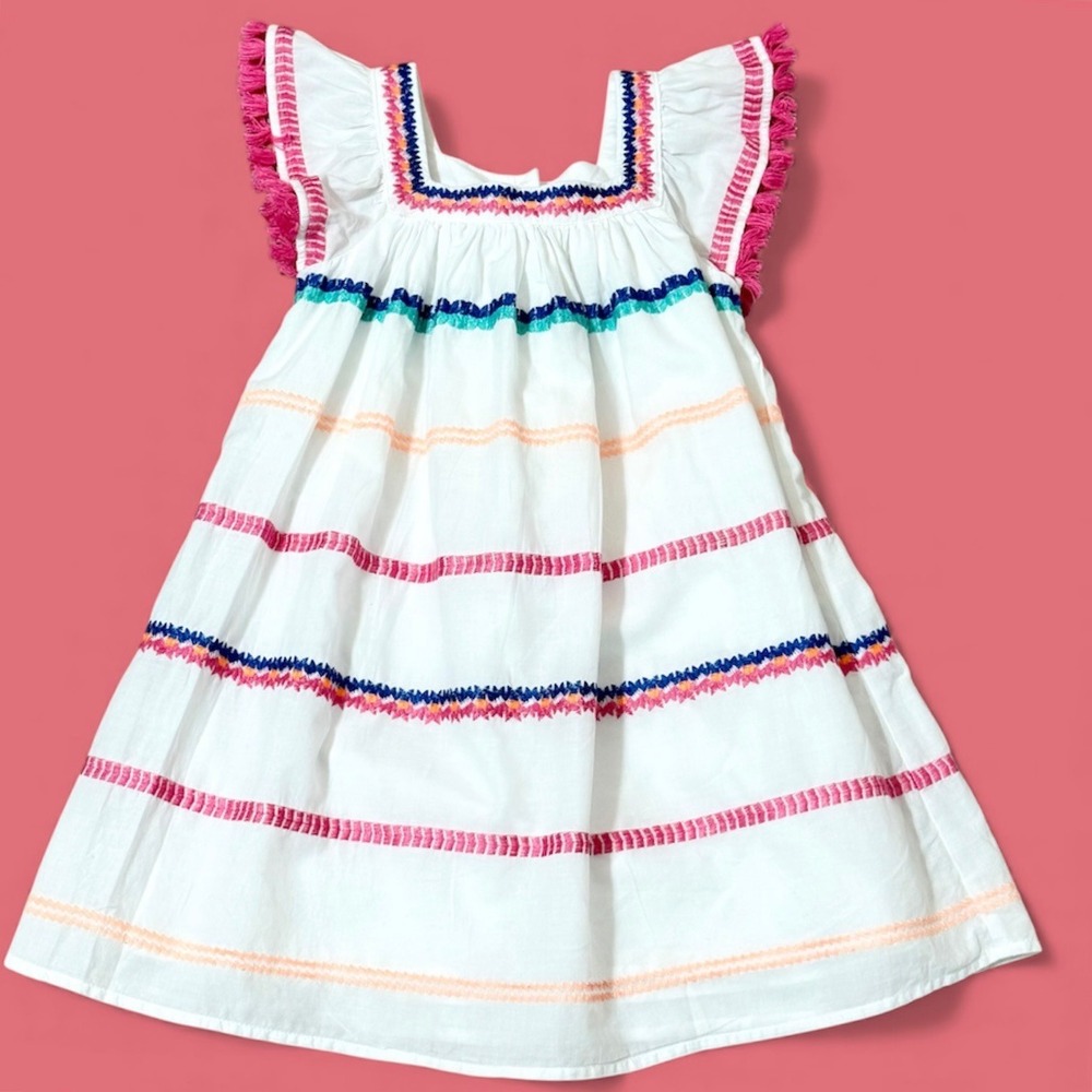 Cat Jack Kids Girls White Embroidered Fringe Dress Sz 6-6X Flutter Sleeve Lined